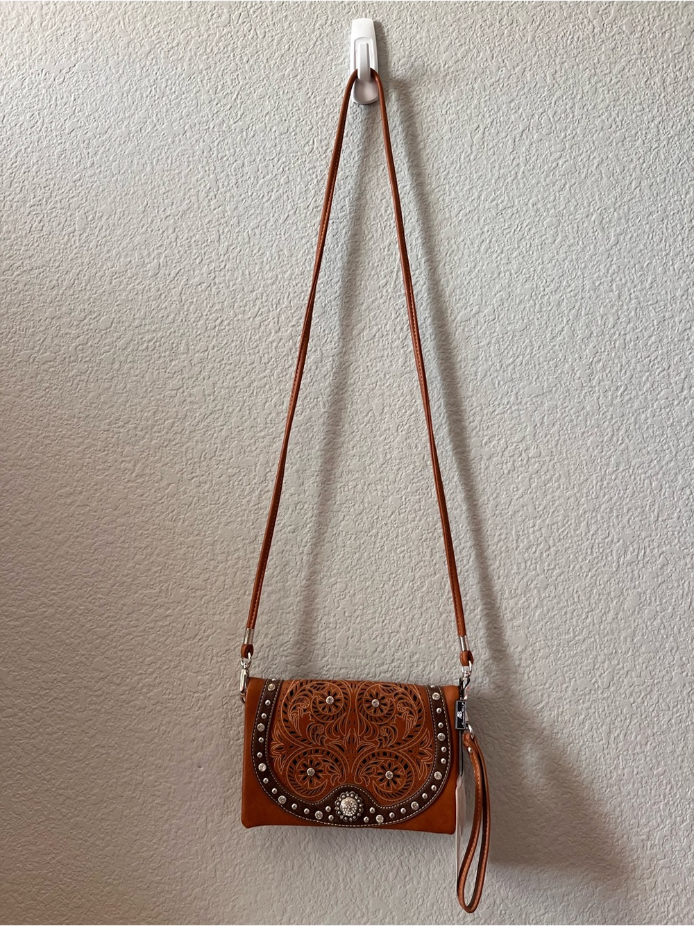 Tan Tooled Floral Crossbody Bag with Wristlet